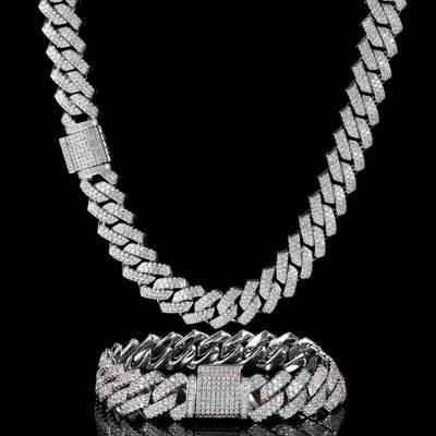  Hip-hop street rapper stage performance Bling neckalce for unisex14mm diamond-shaped Cuban chain micro-inlaid zircon diamond hiphop dance bracelets necklaces