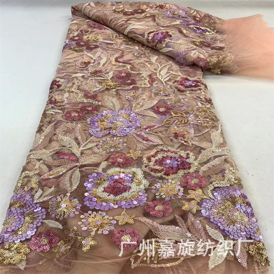 Tejido de bordado de cuentas pesadas tridimensional laminado bordado malla de encaje sequinado vestido diseñador tela