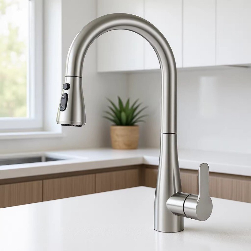 Stainless Steel Gun Gray Kitchen Pull-Out Faucet, Hot and Cold Water Sink Faucet, Retractable Household Faucet