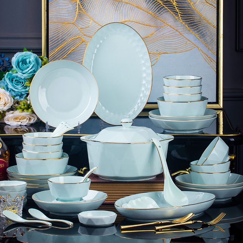 Dishes and Dish Set High-grade Ceramic Tableware Film Green Rice Bowl Noodle Bowl Large Soup Bowl Light Luxury Handmade Gold Diamond Bowl Gift