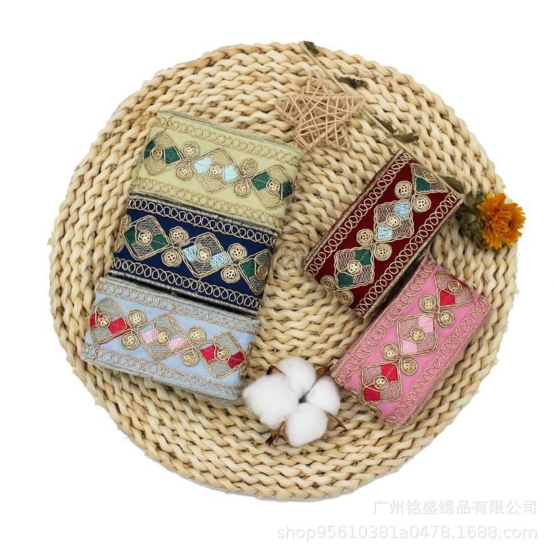 Colorido 5cm hanfu Rhombus Strand ordenador bordado ropa de encaje DIY cinta hecha a mano Accesorios al por mayor