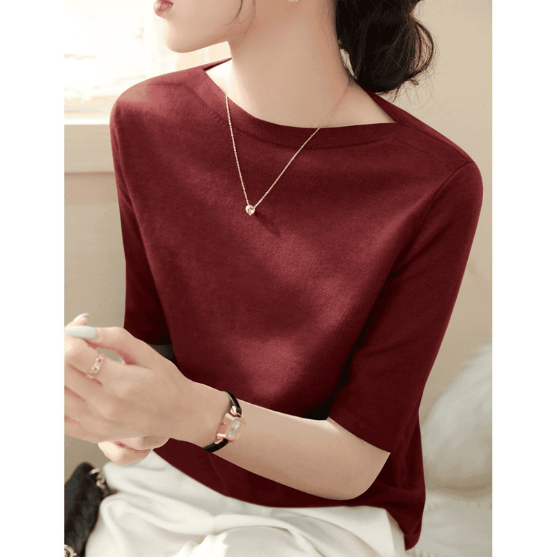 Summer One-line Collar Worsted Knitwear Women's Short-sleeved Pullover Loose All-match Fashion Mid-sleeved Women's Top