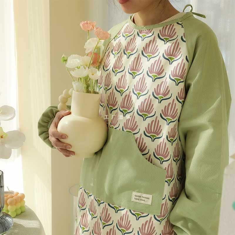 5RY2023新款长袖围裙厨房家用女棉春天防水防油做饭大人罩衣男护