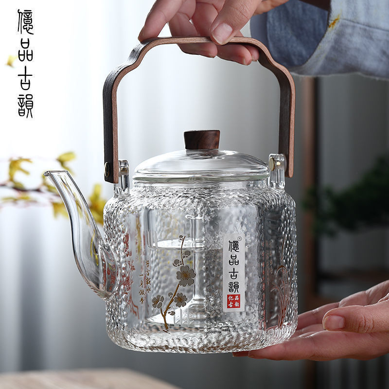 錘紋玻璃提梁壺耐高溫蒸煮玻璃茶壺加厚過濾煮茶壺四方君子壺茶