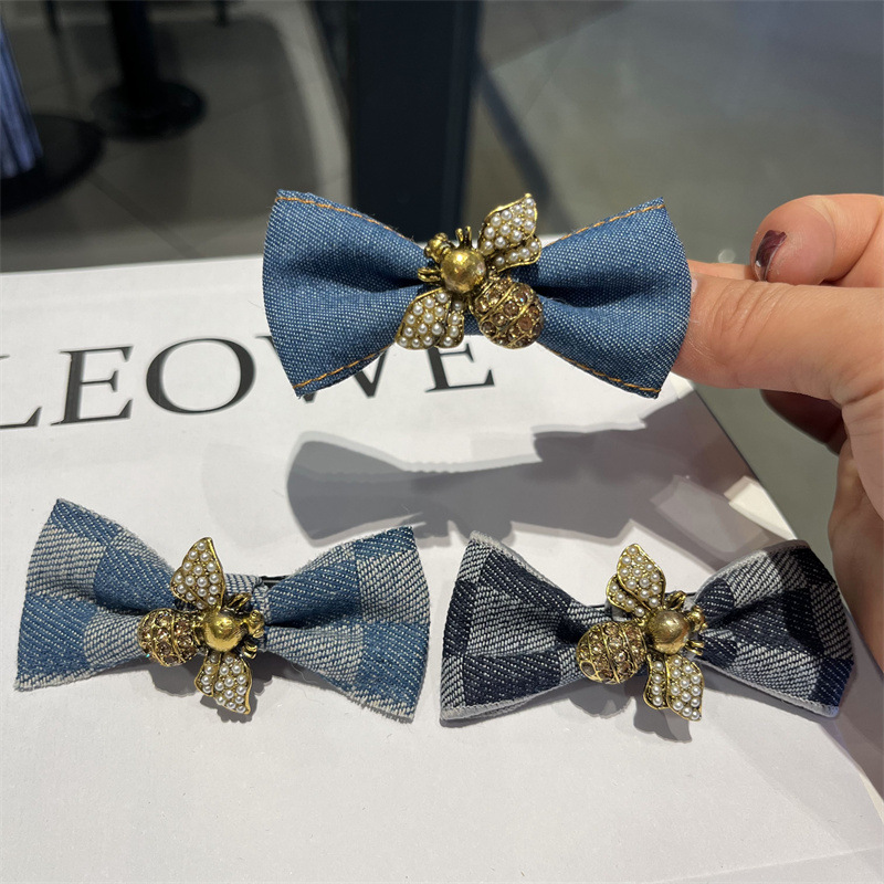 韓國春夏牛仔蝴蝶結金屬蜜蜂珍珠髮夾女後腦勺發卡髮飾頭飾女批發
