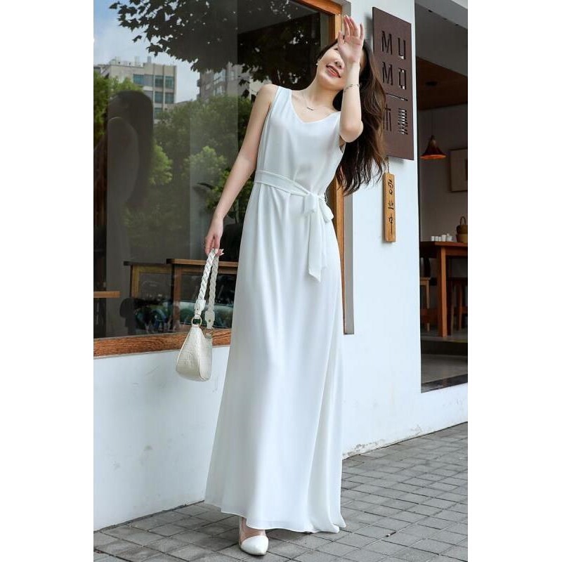 White Chiffon Dress, Summer Plus-Size A-Line Dress for Tall Individuals, Ultra-Long Loose Floor-Length Slip Dress White Chiffon Dress, Summer Plus-Size A-Line Dress for Tall Individuals, Ultra-Long Loose Floor-Length Slip Dress