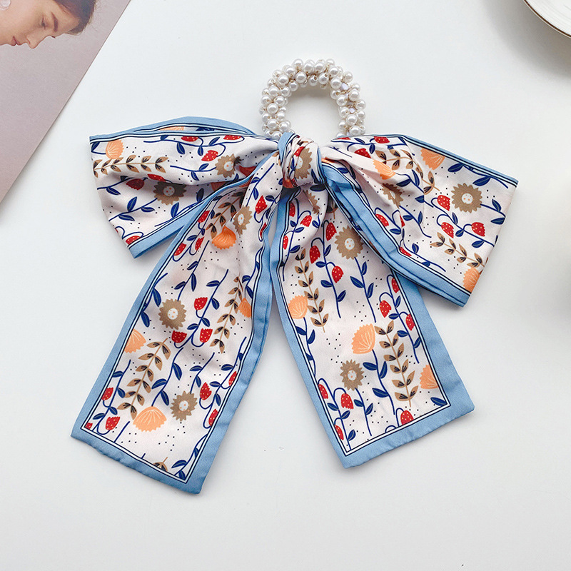 Banda de pelo de bufanda de seda para mujer corbata de pelo fino de verano de perlas cinta de arco Hada cuerda de pelo de todo fósforo estilo coreano accesorios para el cabello al por mayor