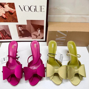 ZA2024 Autumn and Summer New Pointed Toe Open Toe Bow Jewelry High Heels Rear Trip Band Hollow Fashion Sandals Women