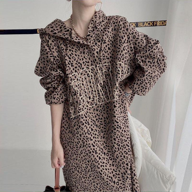 GraceChic Spring And Autumn 140kg Retro Letter Print Leopard Dress For Plus Size Women 150kg Loose Casual Top_voghion.com