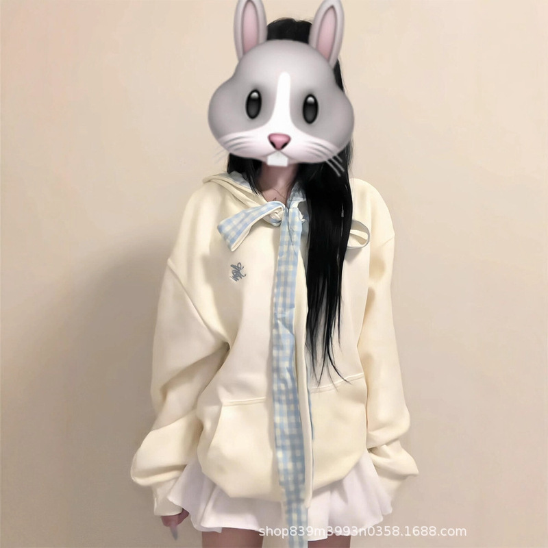 Fresh and Simple Tie-Dye Bowknot Plaid Sweatshirt for Women, Unique and Stylish Hoodie Jacket for Early Autumn and Spring