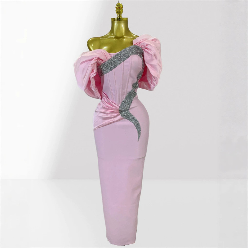 European and American cross-border design puff sleeve luxurious rhinestone pink off-shoulder dress European and American evening party dress European and American cross-border design puff sleeve luxurious rhinestone pink off-shoulder dress European and American evening party dress