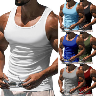 2025 European and American summer men's fitness sports training vest Amazon solid color men's thin I-shaped vest men's