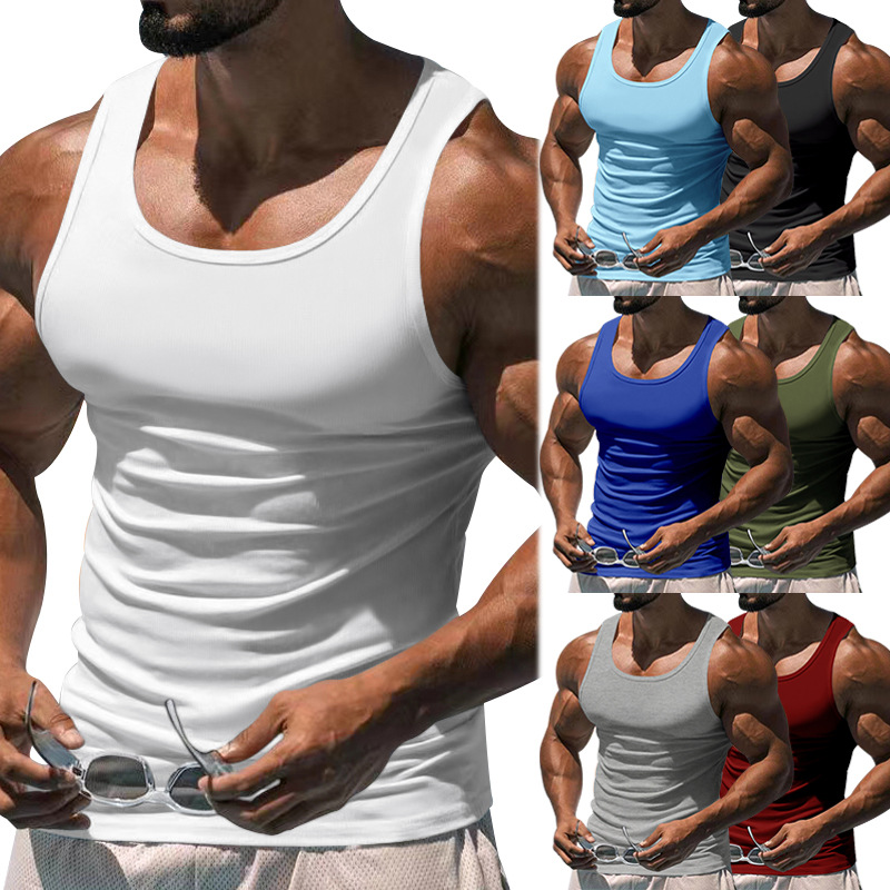 2025 European and American summer men's fitness sports training vest Amazon solid color men's thin I-shaped vest men's