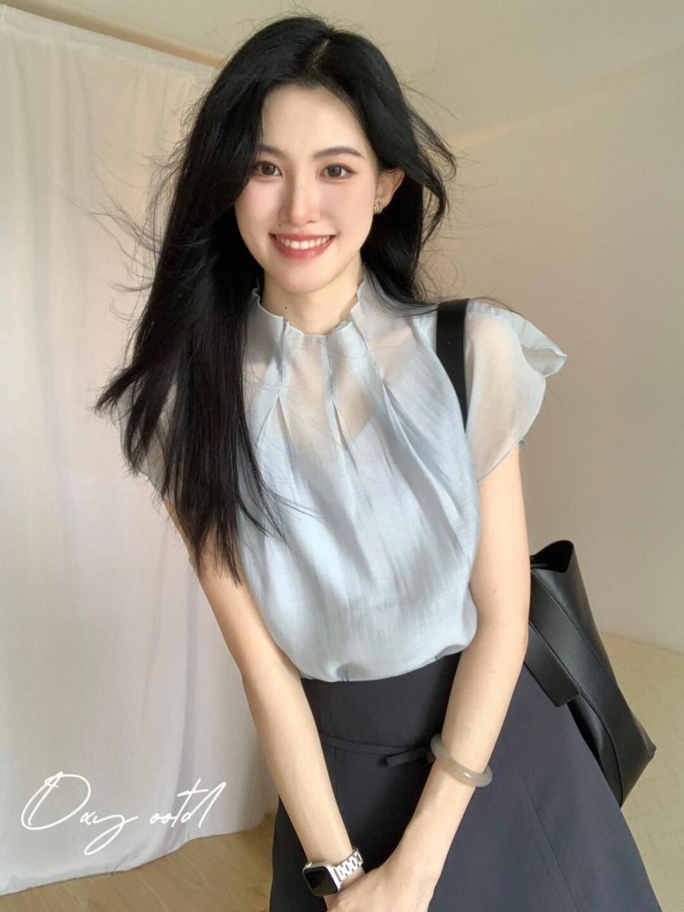Áo voan nữ tay bay xếp diềm cổ điển Pháp — Váy ngắn nơ đen chi tiết 4