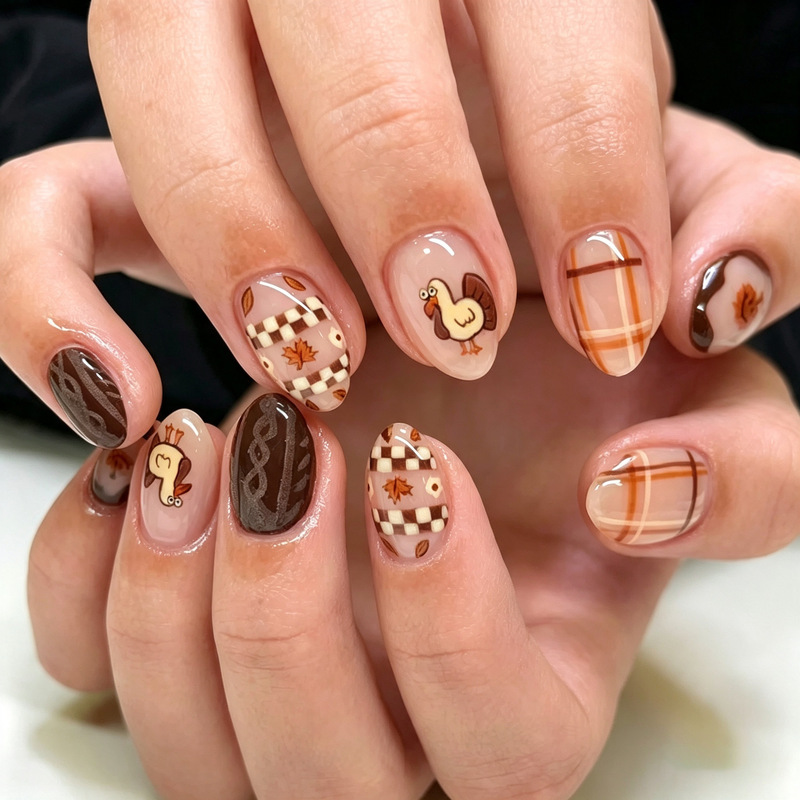 30 pieces of cross-border Thanksgiving short almond press-on nails with cute plaid maple leaf and turkey designs, wholesale finished nail art pieces