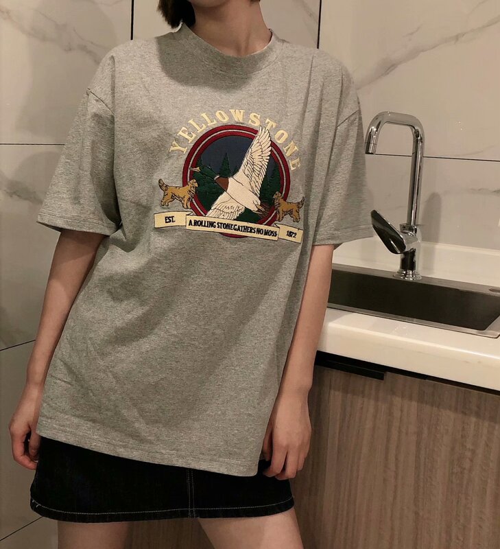 Bm Style American Retro Yellowstone Park Eagle Embroidery Bm Women's Casual Loose Short-Sleeve T-Shirt Top Trendy Bm Style American Retro Yellowstone Park Eagle Embroidery Bm Women's Casual Loose Short-Sleeve T-Shirt Top Trendy