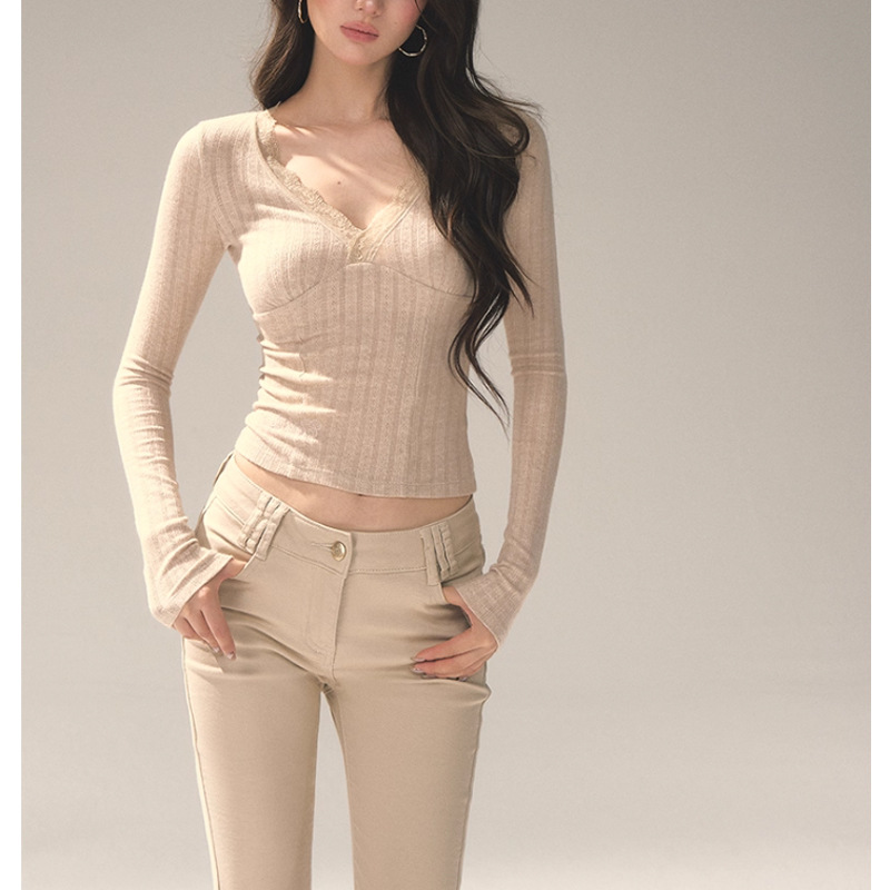 Juemei Personalized Design Sexy Bottoming Shirt with V Neck Top, Slim Fit, Right Shoulder Long-Sleeved T-Shirt, Pure Desire