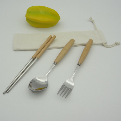 木柄不锈钢餐具勺叉筷 便携布袋套装 木柄餐具旅行三件套礼品餐具