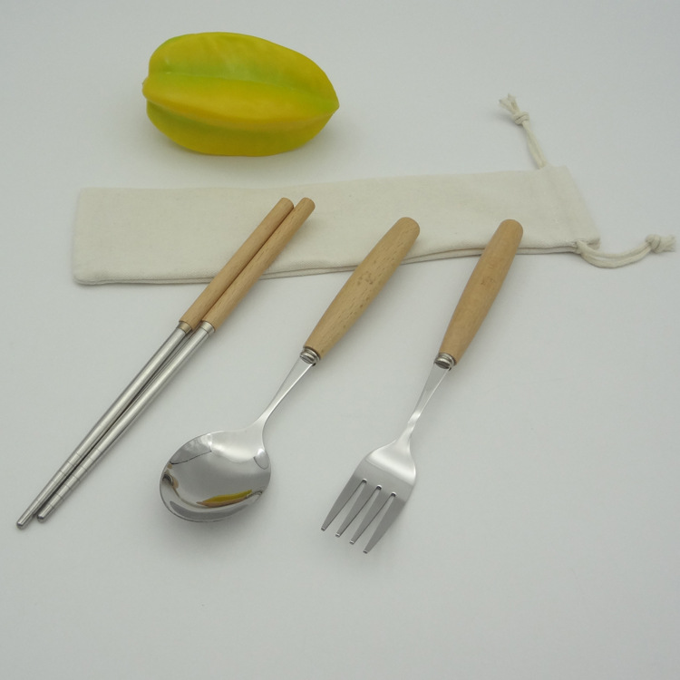 木柄不锈钢餐具勺叉筷 便携布袋套装 木柄餐具旅行三件套礼品餐具