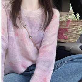 2025秋冬季新款渐变紫色毛衣女圆领长袖宽松慵懒针织衫上衣温柔风