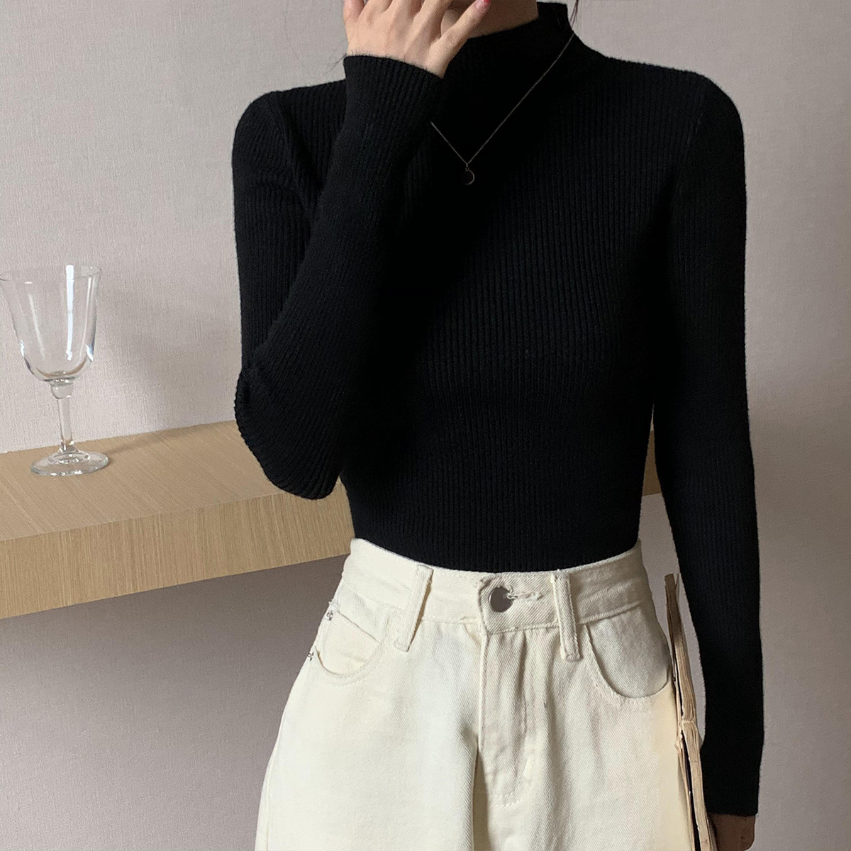 High Neck Long-Sleeved Slim Pullover Wool Top NSFYF85663