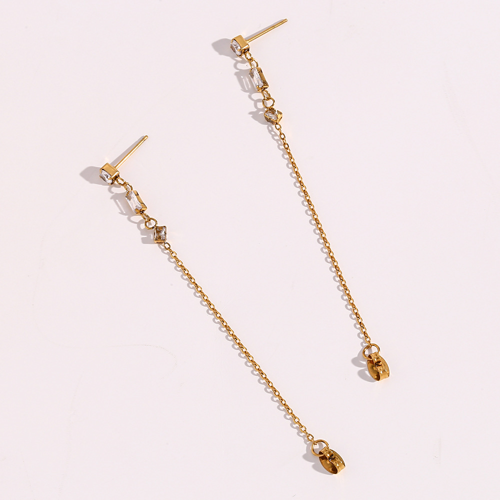 Fashion Womenu0027s Stainless Steel Square Geometric Zircon Chain Earrings