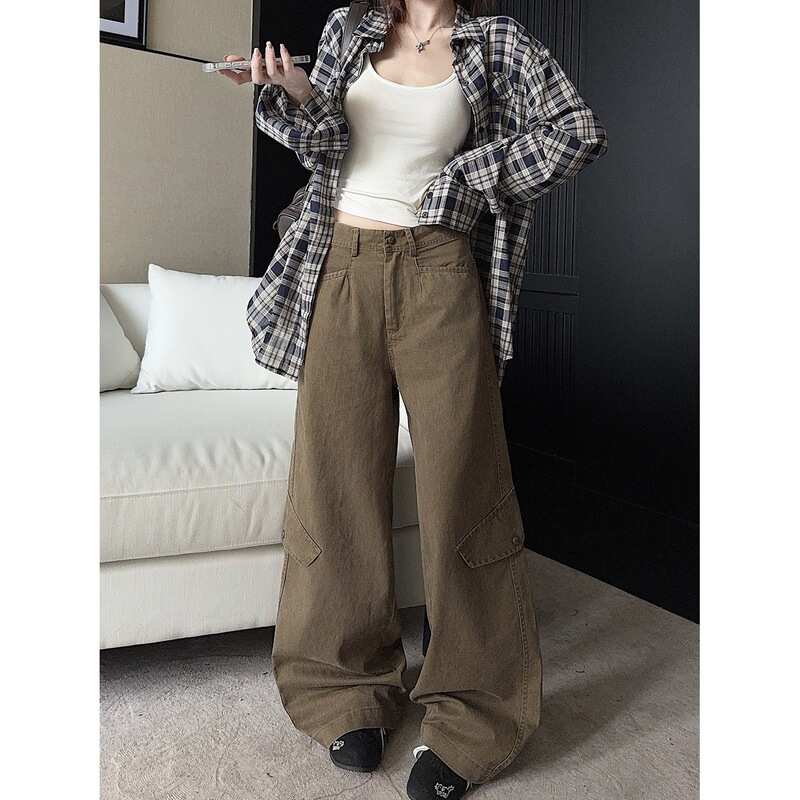 复古棕色工装阔腿裤女秋季高腰宽松显瘦直筒休闲裤小个子拖地长裤|undefined