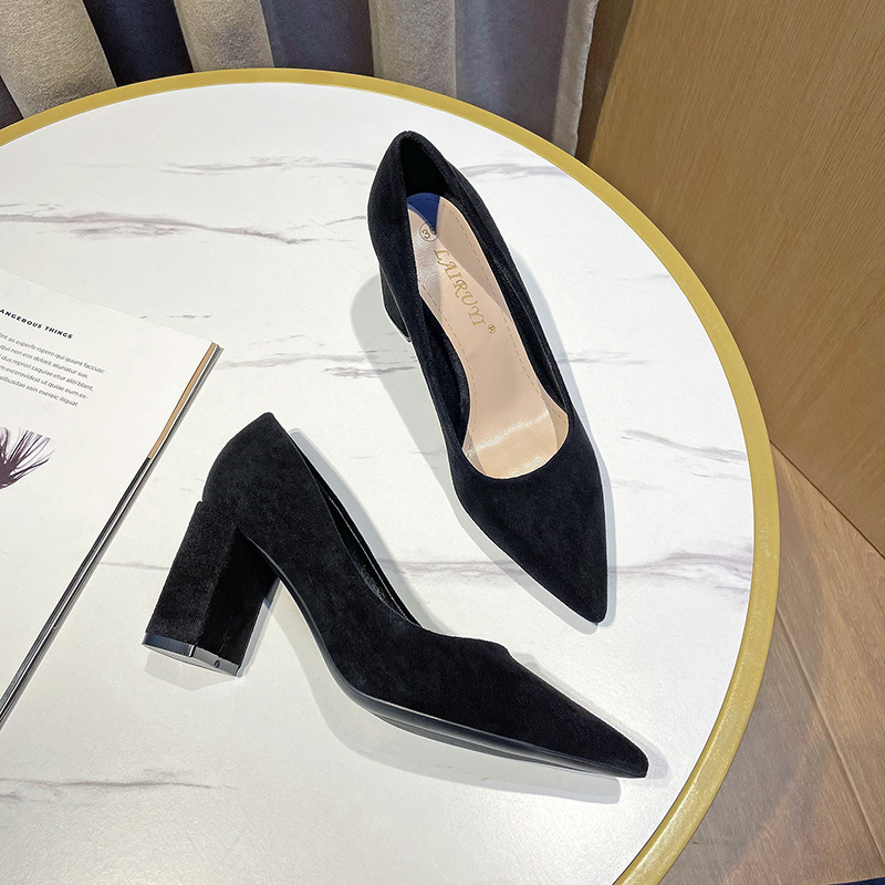 31-44 size women's shoes pointed toe shallow mouth chunky heel suede slimming commuter high heels single-layer shoes