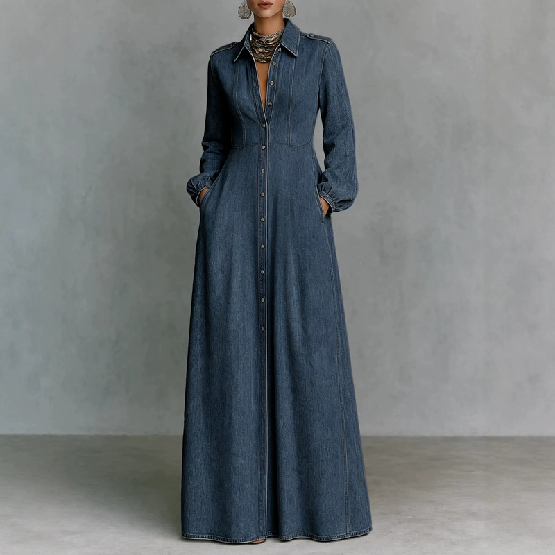 2026 Cross-border European and American minimalist style slim-fit waist-cinching long-sleeve denim dress with a large hemline