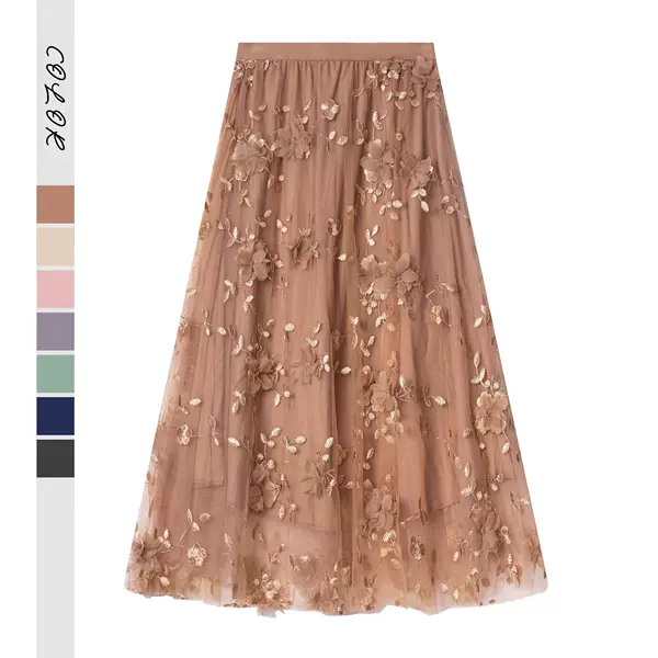 2025 Spring and Summer New High-Waist Slimming Double-Layer Mesh Large Hem Stereo Flower Skirt Mid-Length Fairy Gauze Skirt