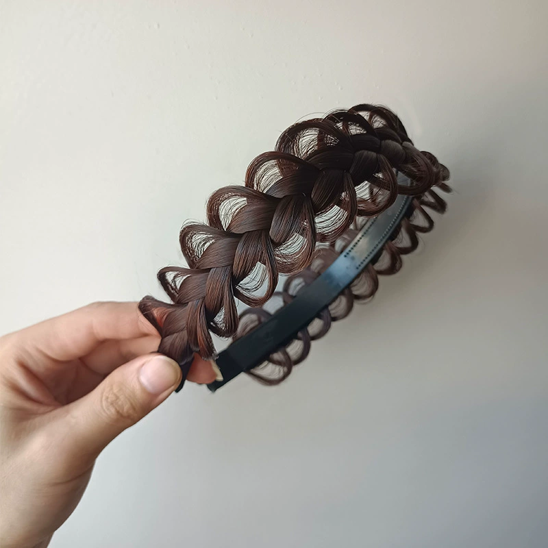 handmade wig headband with pigtail, scalloped hair accessory, matte silk, Ø≈15 cm