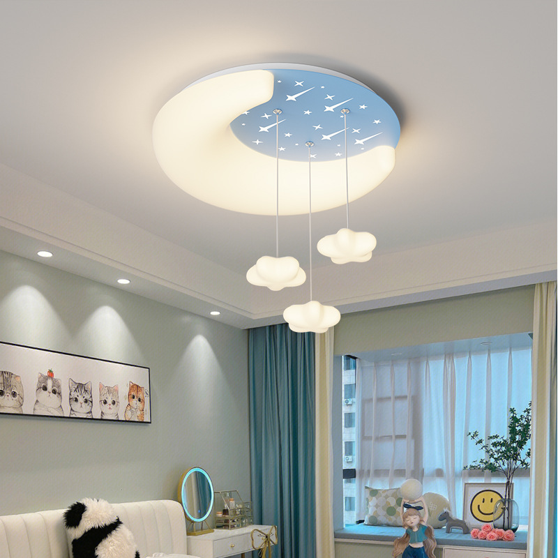 [Seleccionado cuidadosamente] Protección ocular de espectro completo, estilo crema, lámpara de techo simple, habitación de niños 2025, estrella, luna, cable colgante LED