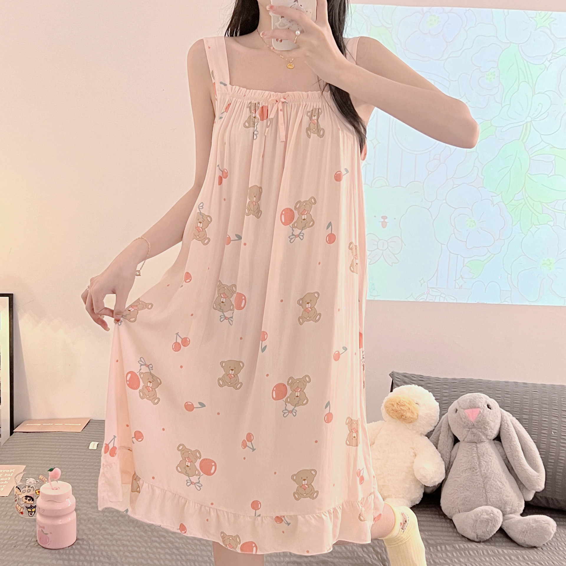 Camisón de seda de algodón de verano para mujer Pijamas dulces lindos puro deseo ins estilo delgado sexy vestido de Honda de seda de algodón artificial