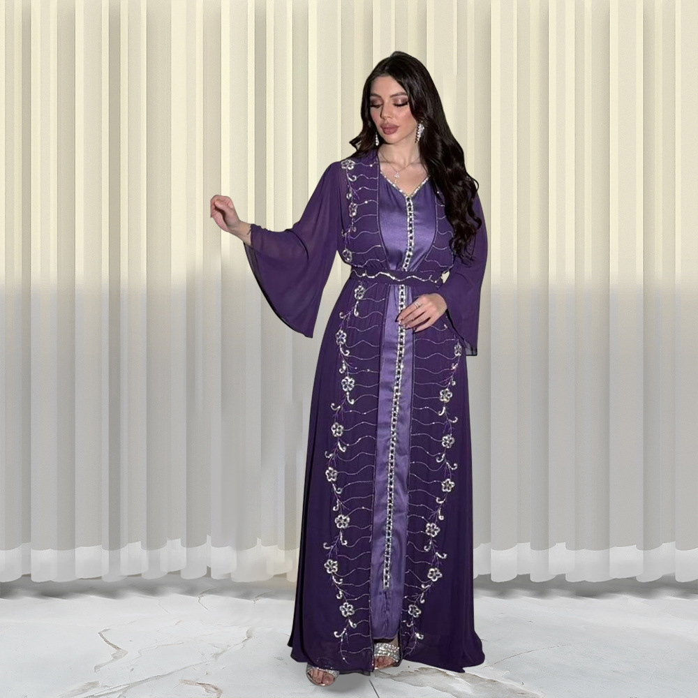 XQY500261 Four-Season Commuting Vest + Jacket Dress Chiffon Rhinestone Muslim Suit Robe_ecoleips.com