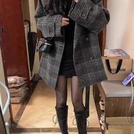 短款呢子大衣女2024年新款秋冬季格子毛呢外套加厚西装百搭韩系潮