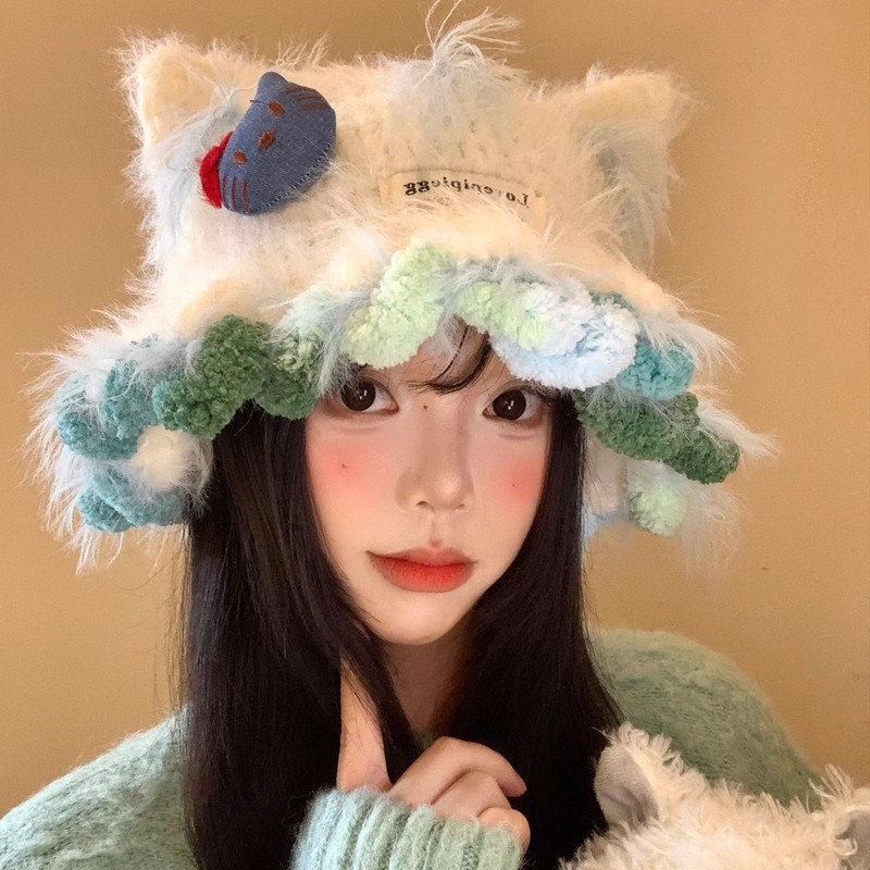可爱卡通猫耳朵毛绒针织帽女秋秋冬季显脸小毛线帽大头围保暖帽子|undefined