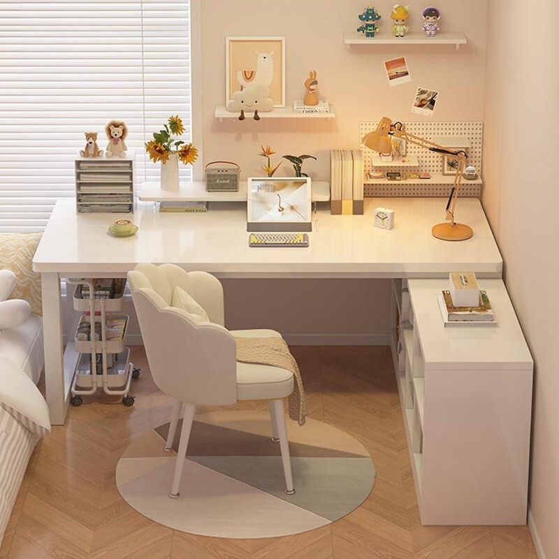 Corner desk with bookshelf, home study table, bedroom dressing table, bookcase, integrated solid wood L-shaped corner computer desk