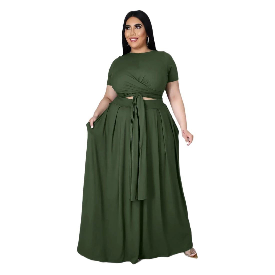 AP7025 Европейская и американская мода больших размеров женская одежда Amazon, однотонный трансграничный костюм с перекрестными ремешками, большая юбка-качалка, костюм из двух частей