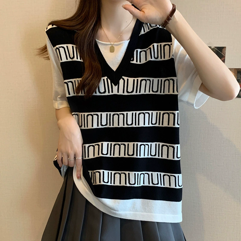 Женская летняя футболка из искусственного двухцветного ледяного шелка с короткими рукавами, новый большой размер, утягивающая футболка, закрывающая живот, шикарный топ