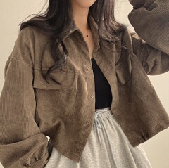 灯芯绒外套女秋季2025新款灰色开衫衬衫女短款小众黑色衬衫上衣女