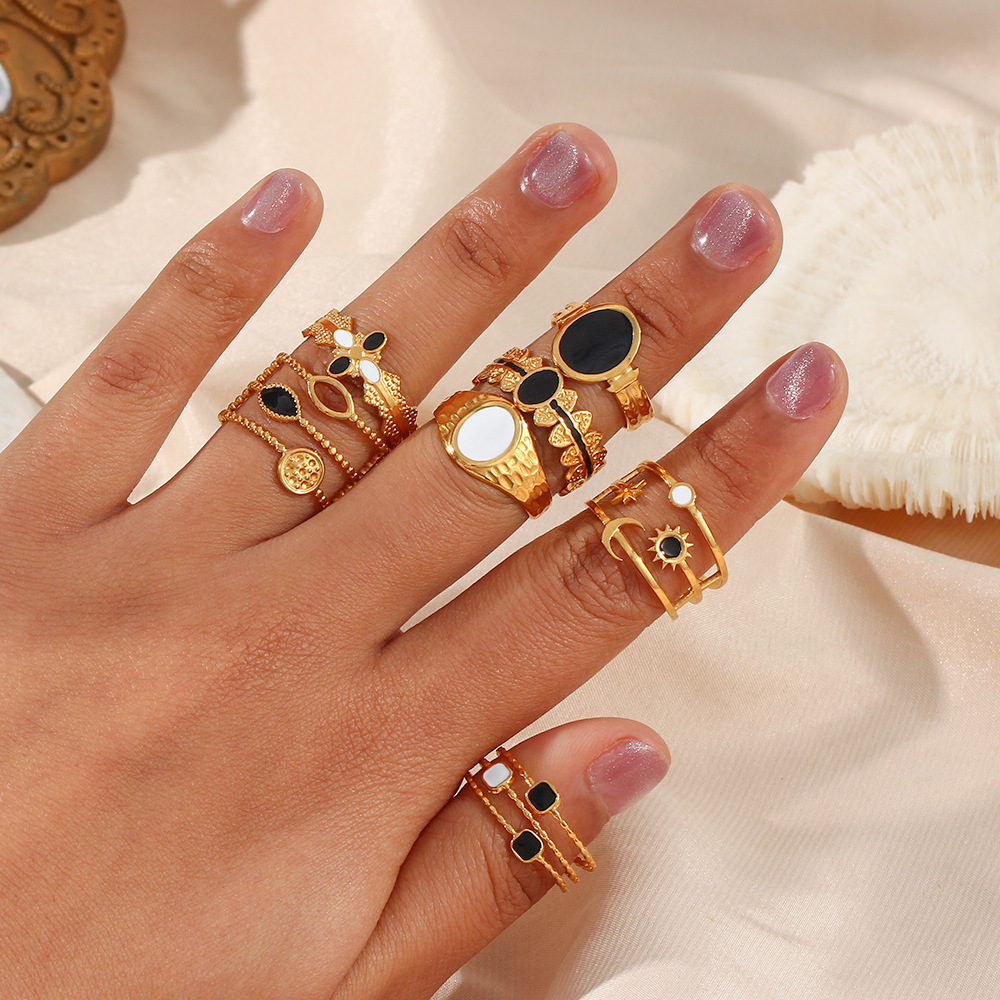 Adjustable Ring Size 304 Stainless Steel Material Geometric, Sun, Star Pattern Women'S Gender Wholesale Jewelry Retro Geometric Sun Star 304 Stainless Steel Zircon 18K Gold Plated Open Ring