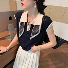 韩系小香风纯色高级感短袖针织衫女夏季新款宽松显瘦配丝巾上衣