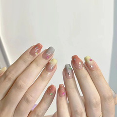 新款穿戴甲批發中長款ins風彩虹閃鑽漸變色美甲甲片顯白指甲貼片