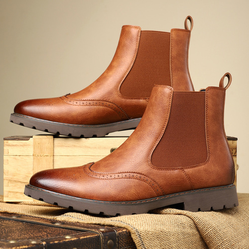 Chelsea boots with Martin design, men's new brogue-embellished business high-top slip-on pointed-toe leather boots in English style