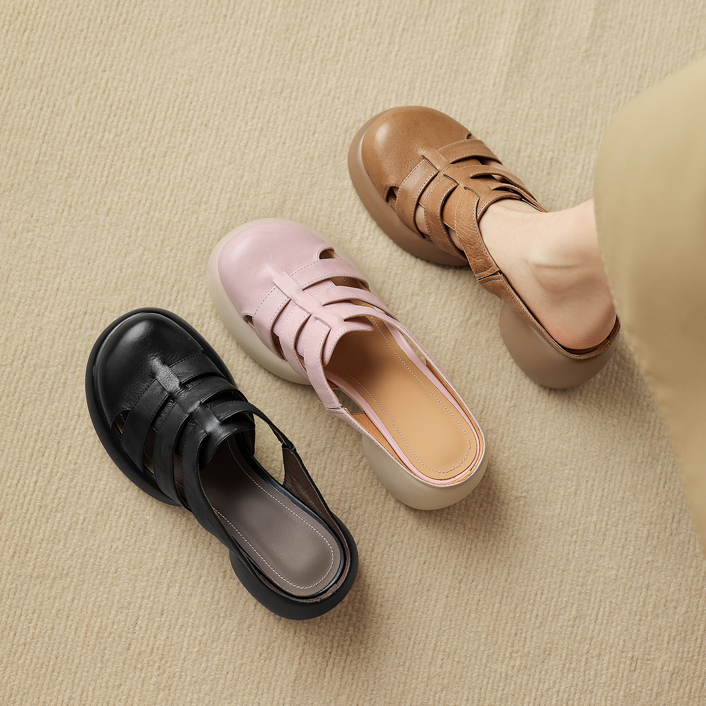 Sandal cao gót nữ mũi hở phong cách La Mã đế dày 6 cm — đen