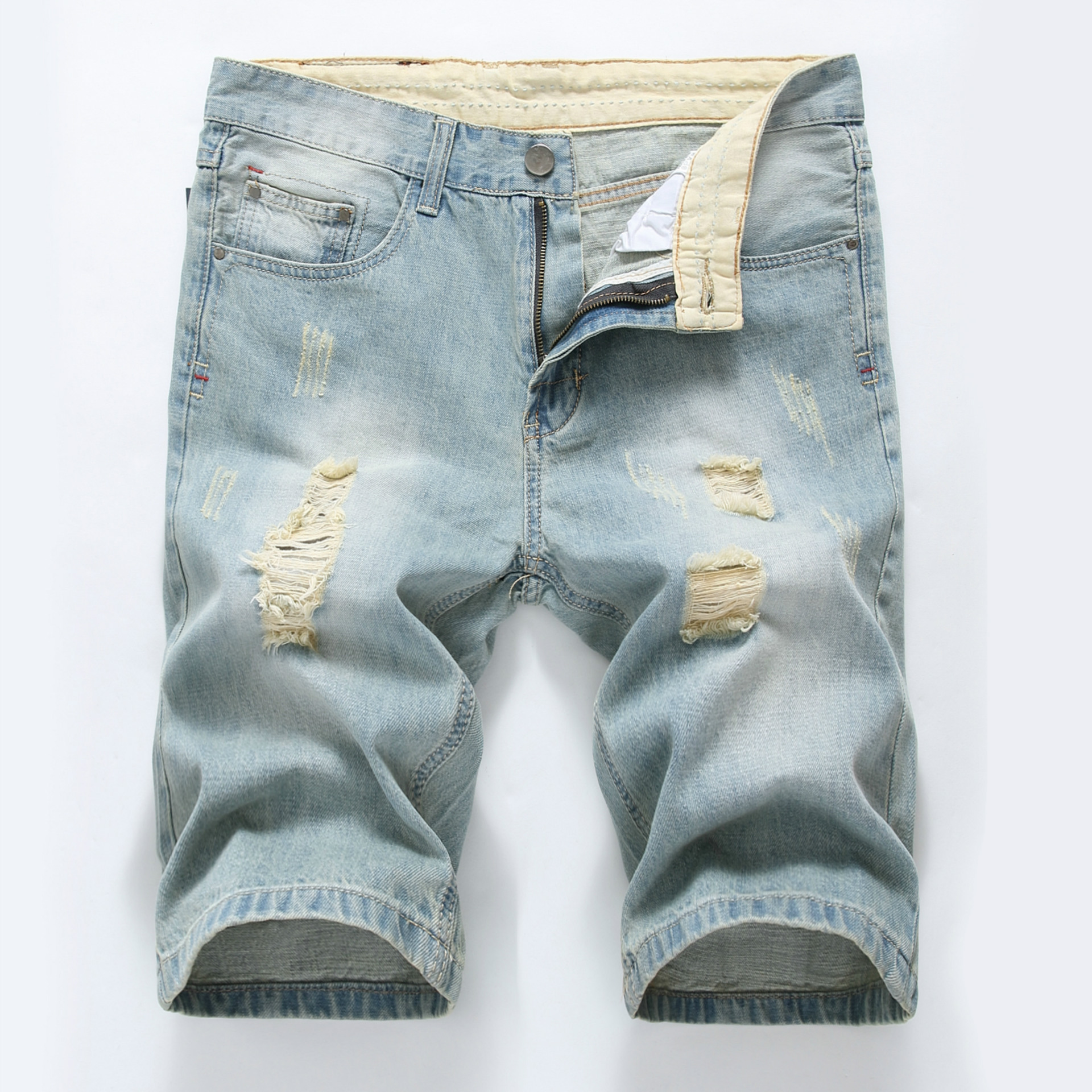 Pantaloncini estivi da uomo in denim di cotone strappato e forato, di colore chiaro, di media lunghezza, aderenti_voghion.com