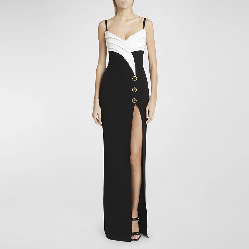 In Stock 2026 European and American Celebrity Fashion Black and White Color-Blocked Spaghetti Strap Slit Long Dress Floor-Length Gown