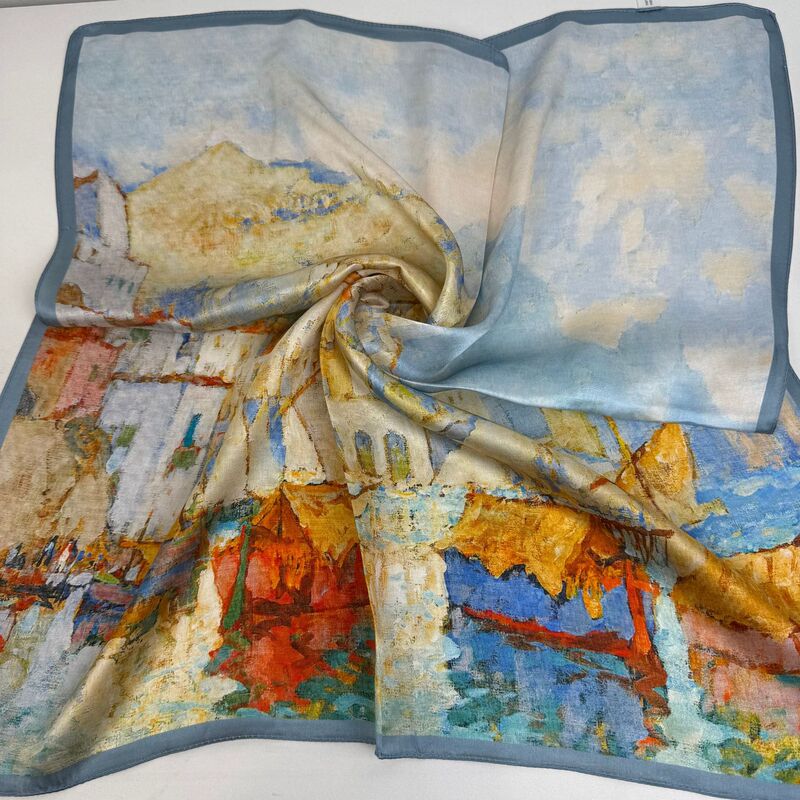 New Floral Oil Painting Print Silk Crepe Satin Square Scarf Wholesale, Soft Color Enhances Artistic Feel, Silk Scarf Manufacturer
