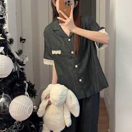 婴儿棉深绿碎花睡衣女夏季短袖长裤蕾丝花边家居服套装