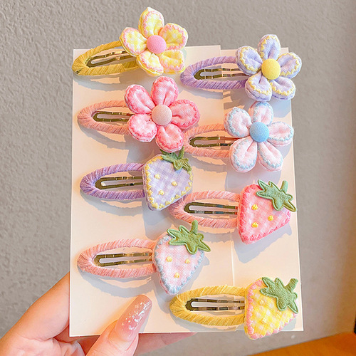 Children's Hair Clip Flower Strawberry BB Clip Girls Side Part Hair Clip Fringe Hairpin Cute Cartoon Baby Fabric Hair Accessory